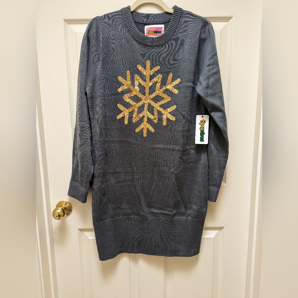 Sequined Snowflake Sweater Dress, Large - Tipsy Elves